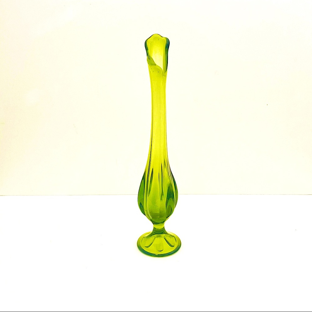 Viking Glass Vintage MCM Green Swung Vase - 11” with 6 Petals and Stand